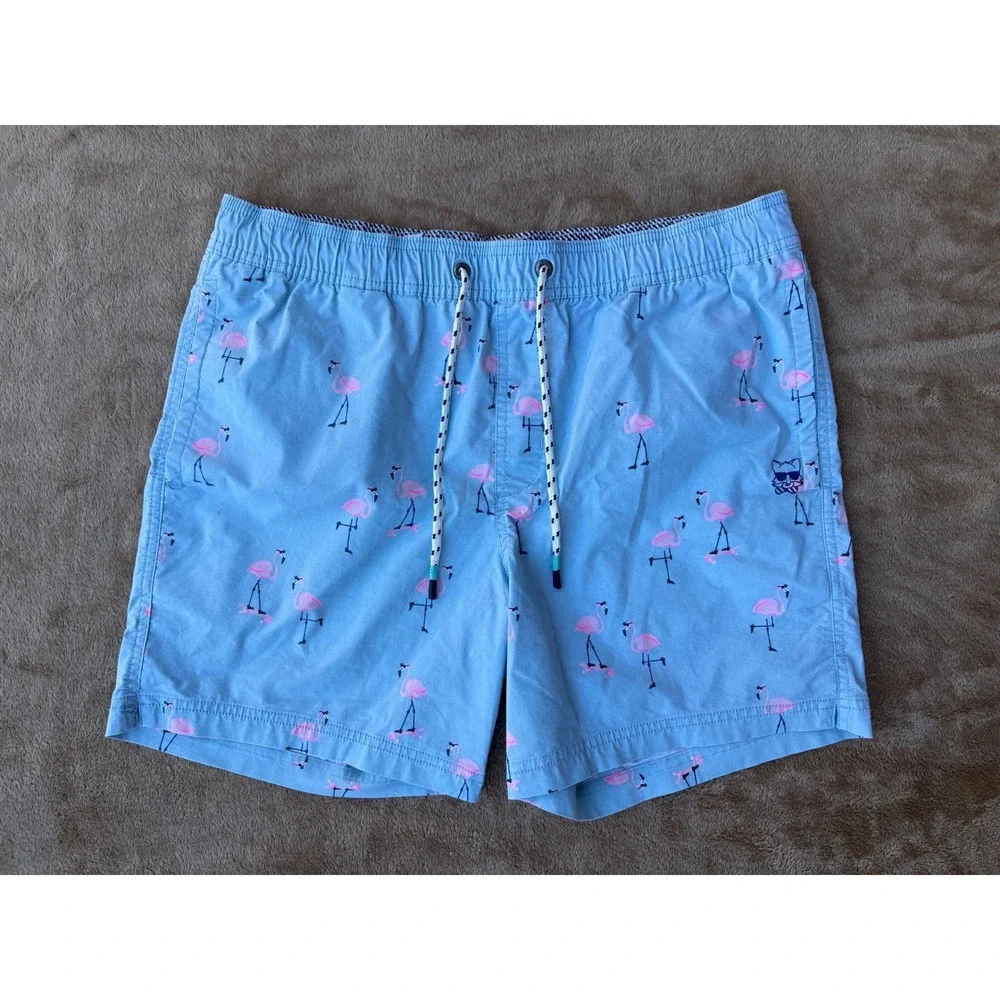 Party Pants Cruisers Mens Large Flamingo Skateboard Swim Trunks Shorts Blue